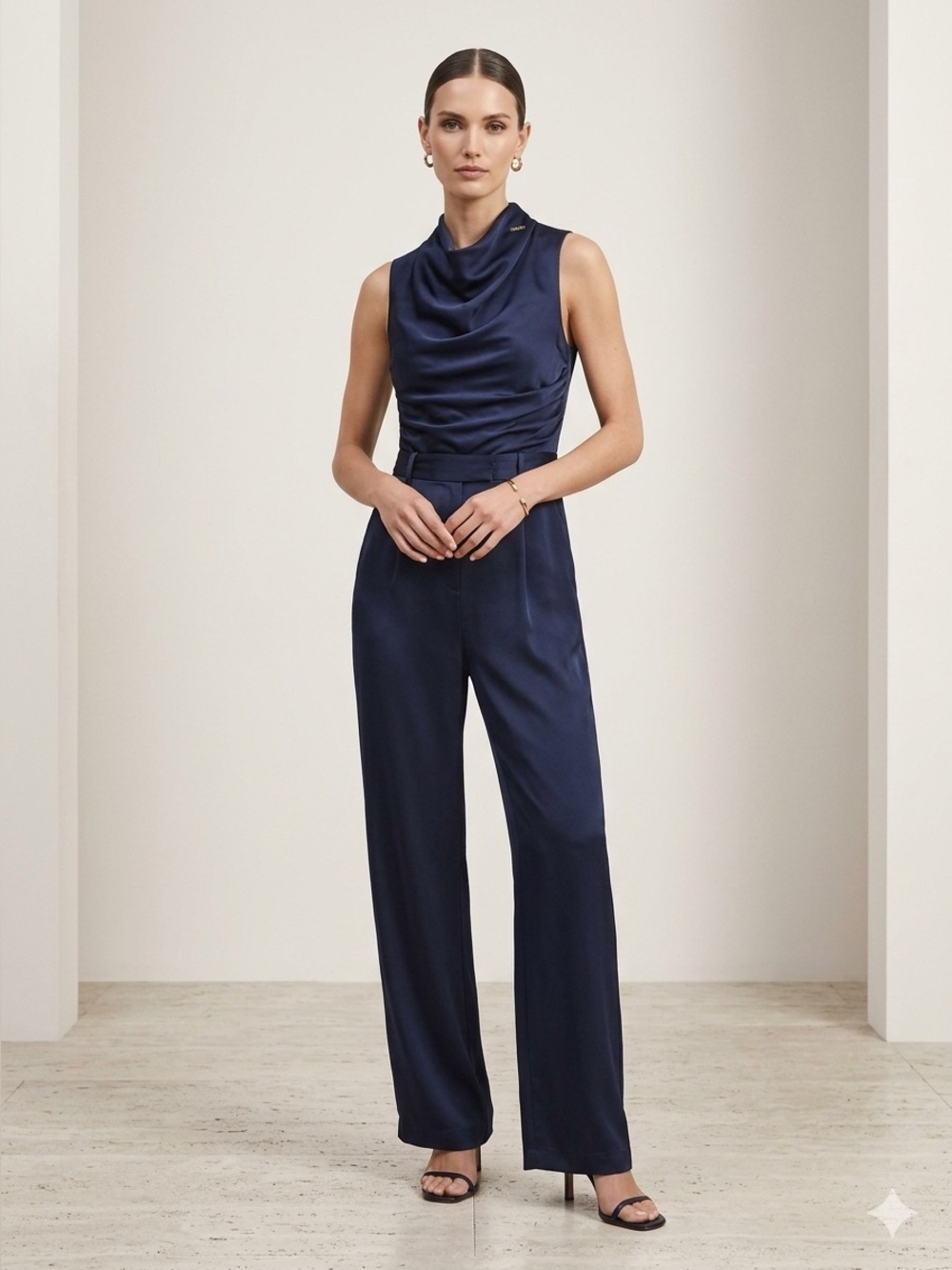 Reiss Navy Cowl-Neck Jumpsuit with Self-Tie Waist